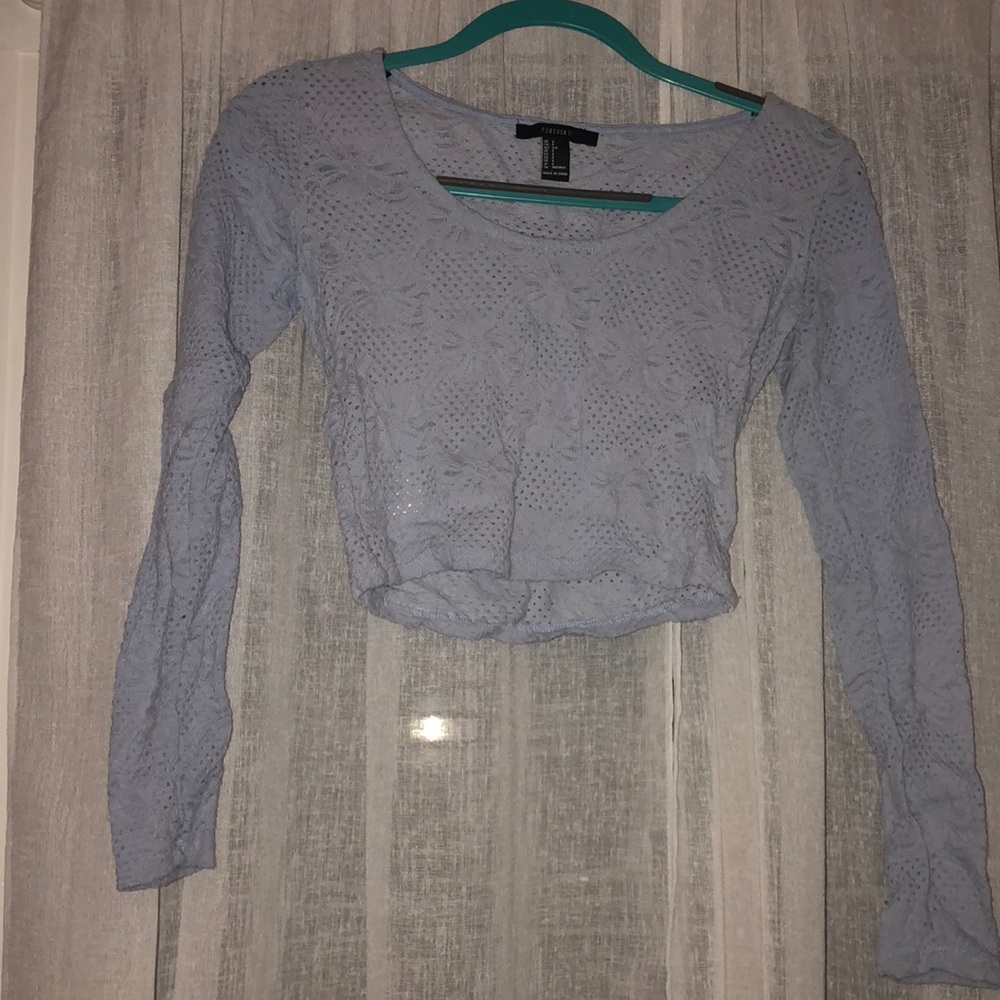 sky blue long sleeve crop top spandex lace detail